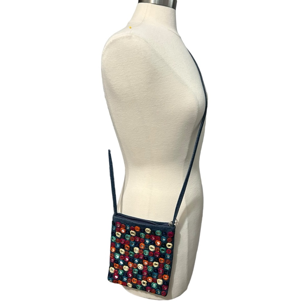 Square denim crossbody bag with circle mini mirrors
